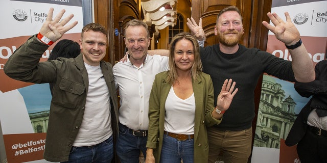 Sinn Fein local politicians celebrate elections results at Belfast City Hall