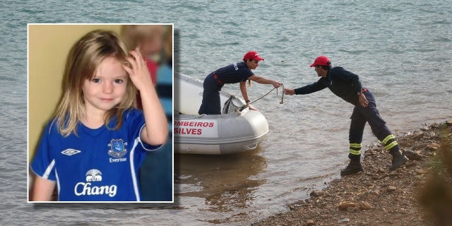 A photo of Madeleine McCann over a photo of search crews