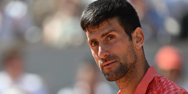 Novak Djokovic plays during the first round of the French Open