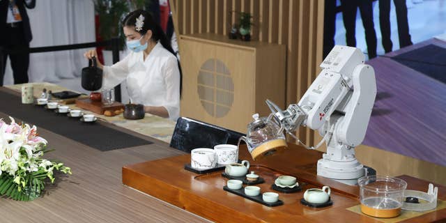 A tea server's movements are mimicked by a Mitsubishi Electric mechanic arm.