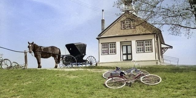 Multiple bikes and a horse and buggy left outside a schoolhouse.