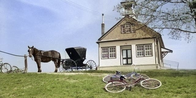 Multiple bikes and a horse and buggy left outside a schoolhouse.