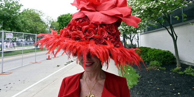 Large red Kentucky Derby hat