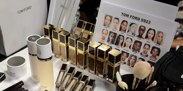Tom Ford Beauty displayed on fashion show makeup vanity.