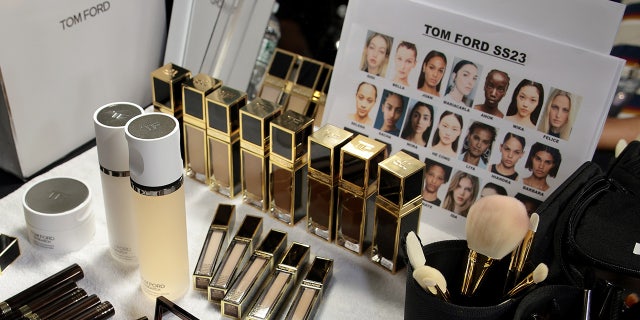 Tom Ford Beauty displayed on fashion show makeup vanity.