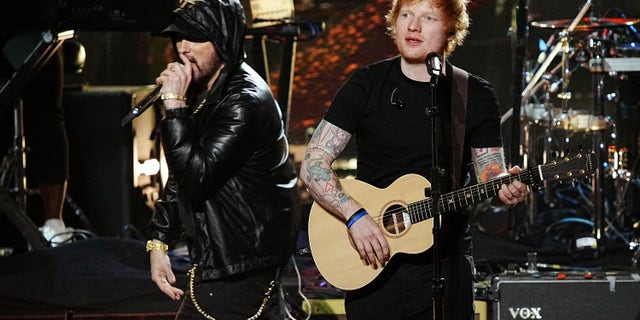 Eminem and Ed Sheeran perform on stage