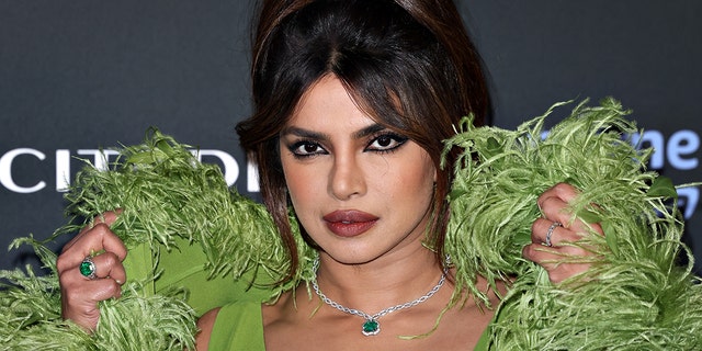 Priyanka Chopra Jonas poses on the red carpet in a green gown with a green boa/feathers at the premiere of "Citadel"