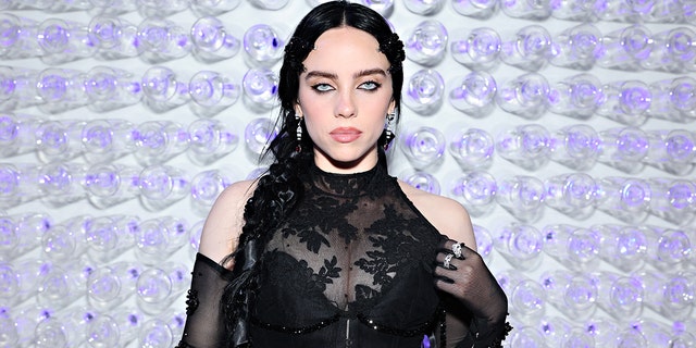 Billie Eilish wears a lace black dress at the Met Gala and stares directly at the camera