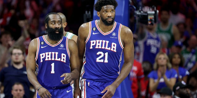 James Harden and Joel Embiid during the playoffs