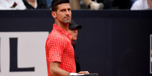 Novak Djokovic reacts during the fourth round of the Italian Open