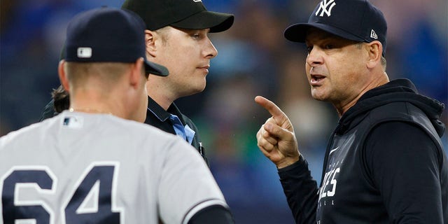 Aaron Boone yells at the umpire