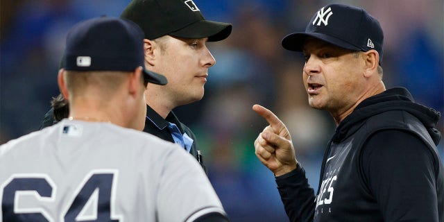 Aaron Boone yells at the umpire