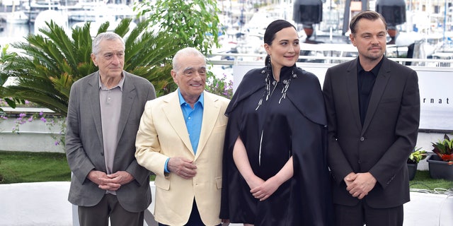 The cast Robert De Niro, Martin Scorsese (director), Lily Gladstone, Leonardo DiCaprio at Cannes Film Festival 2023. Photocall of the film Killers Of The Flower Moon. in Cannes