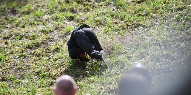 A woman falls down the hill at the annual cheese rolling race in England