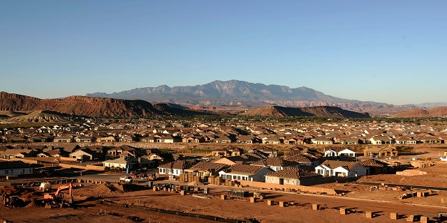 A distant photo of the city, buildings