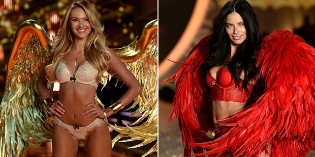 A split image of Candice Swanepoel in gold lingerie and angel wings with Adriana Lima in red lingerie and red angel wings