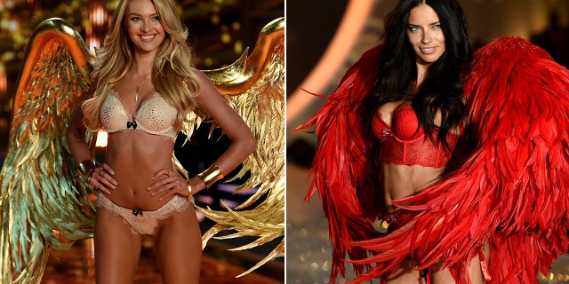 A split image of Candice Swanepoel in gold lingerie and angel wings with Adriana Lima in red lingerie and red angel wings