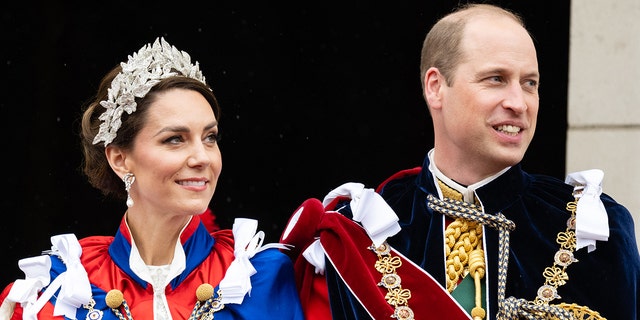 A close-up of Prince William and Kate Middleton in royal regalia