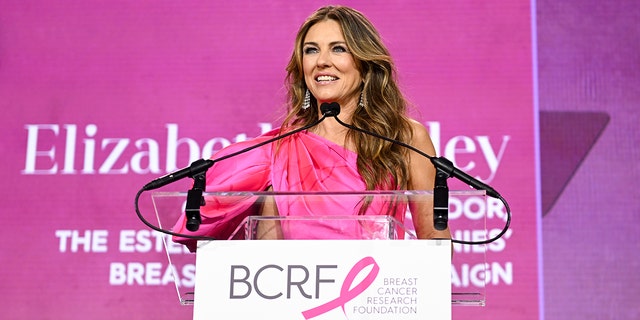 Elizabeth Hurley in a bright pink dress speaking to a mic