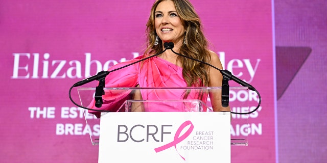 Elizabeth Hurley in a bright pink dress speaking to a mic