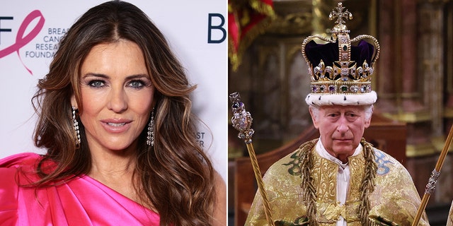 A side-by-side photo of Elizabeth Hurley and King Charles during his coronation