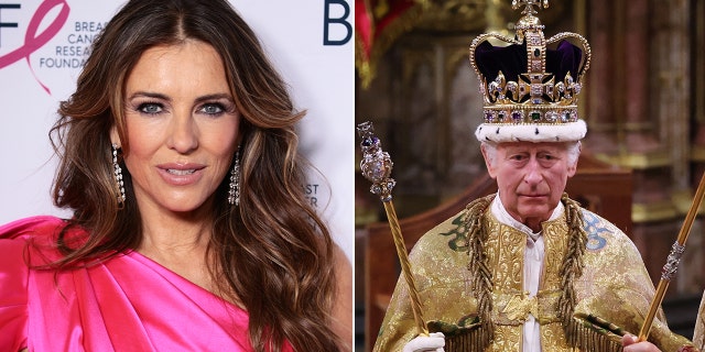 A side-by-side photo of Elizabeth Hurley and King Charles during his coronation