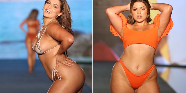 A side by side photo of Ella Halikas modeling bikinis on the runway