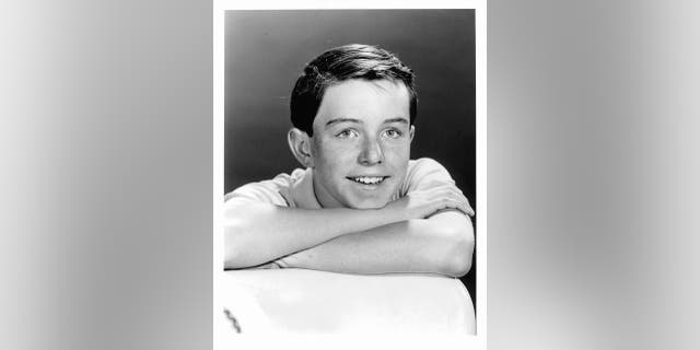 A close-up of Jerry Mathers smiling in a black and white photo