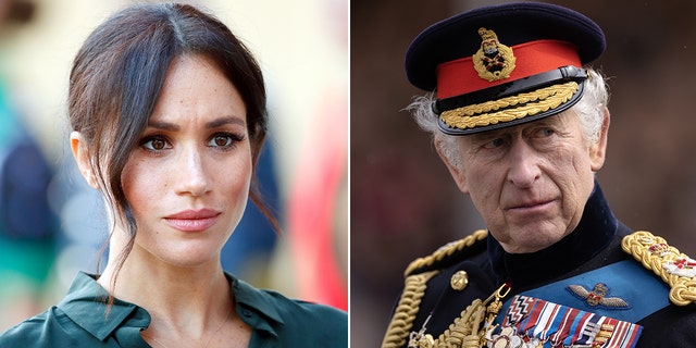 A side-by-side split image of Meghan Markle in green and King Charles in a military uniform