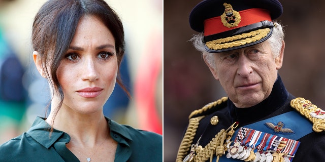 A side-by-side split image of Meghan Markle in green and King Charles in a military uniform