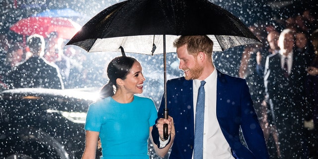 Meghan Markle in a blue dress and Prince Harry wearing a grey suit holding an umbrella in the rain