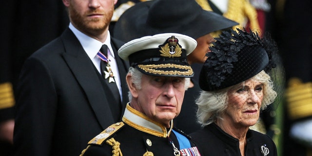 Prince Harry in a black suit, King Charles in his military uniform and Camilla in a black dress looking in the same direction