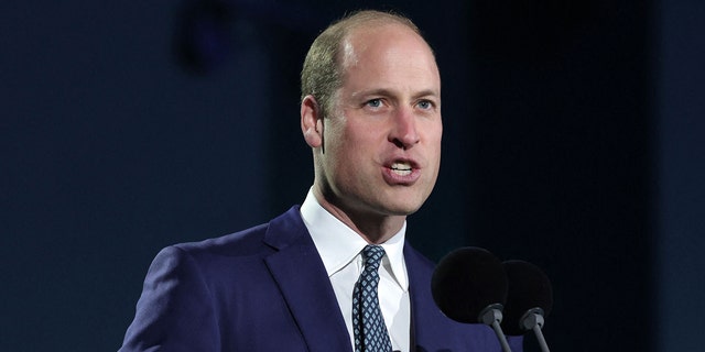 A close-up of Prince William in a blue suit and tie speaking to the audience