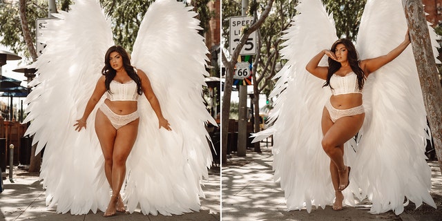 A side-by-side photo of Ella Halikas modeling white lingerie and angel wings