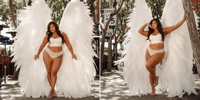 A side-by-side photo of Ella Halikas modeling white lingerie and angel wings