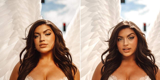 A close-up of Ella Halikas in white lingerie and angel wings