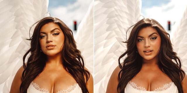 A close-up of Ella Halikas in white lingerie and angel wings