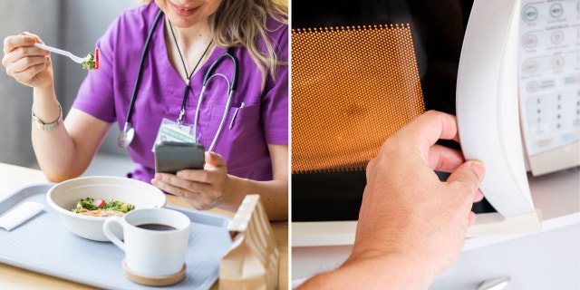 Hospital worker eats lunch with someone opens microwave.