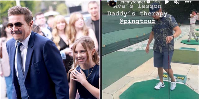 A split photo of Jeremy Renner with his daughter and a shot of him at the driving range