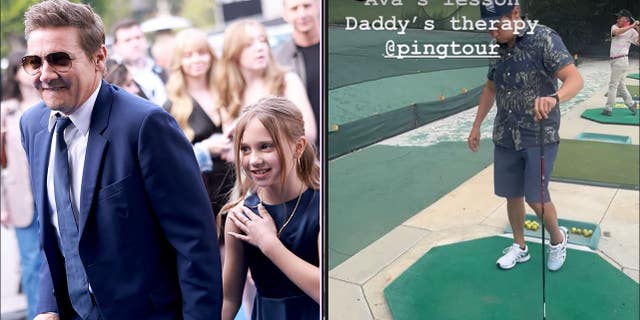 A split photo of Jeremy Renner with his daughter and a shot of him at the driving range