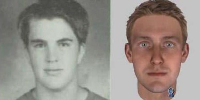 A side-by-side photo of Jefferey Kimzey and the DNA composite photo imagining his appearance