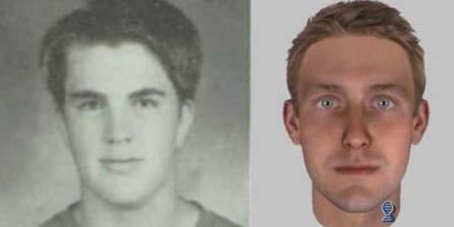 A side-by-side photo of Jefferey Kimzey and the DNA composite photo imagining his appearance