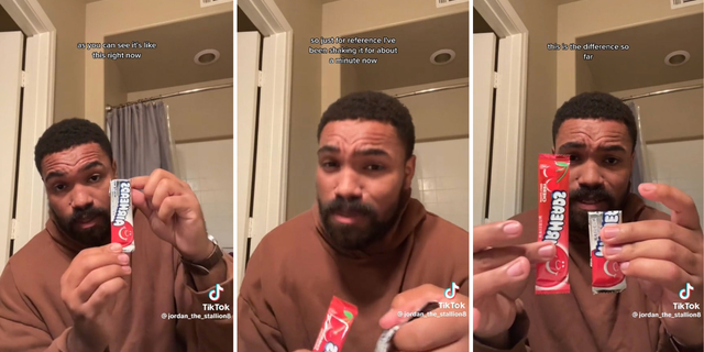 Jordan Howlett demonstrates Airheads hack by shaking the candy and comparing the size.