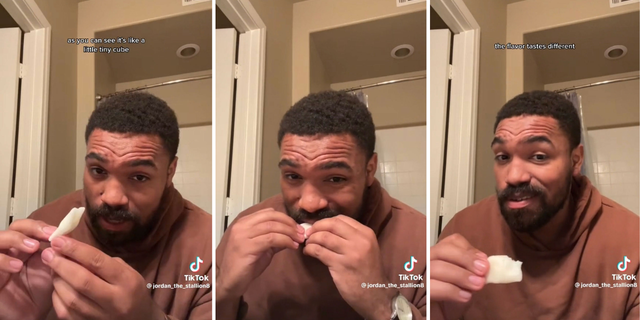 Jordan Howlett takes a bite out of his cube-like Airheads Bar.