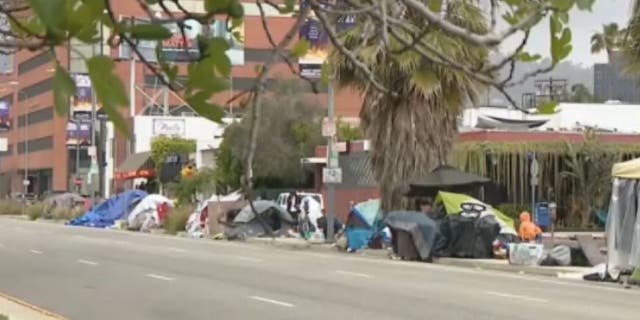 tents line roadside in Beverly Grove homeless encampment