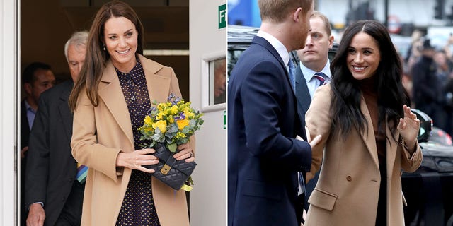 Kate Middleton en manteau beige fendu avec Meghan Markle en manteau beige