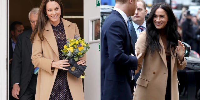 Kate Middleton in tan coat split with Meghan Markle in tan coat