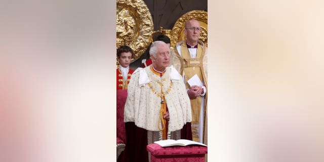 King Charles III during his coronation ceremony at Westminster Abbey, London