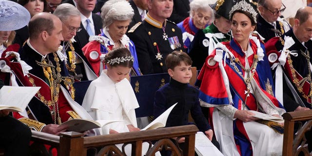 The Prince of Wales, Princess Charlotte, Prince Louis, Princess of Wales, the Duke and Duchess of Edinburgh at the coronation ceremony