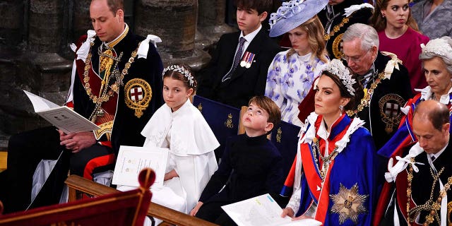 The Prince of Wales, Princess Charlotte, Prince Louis, the Princess of Wales and the Duke of Edinburgh at the coronation ceremony of King Charles III and Queen Camilla in Westminster Abbey, London